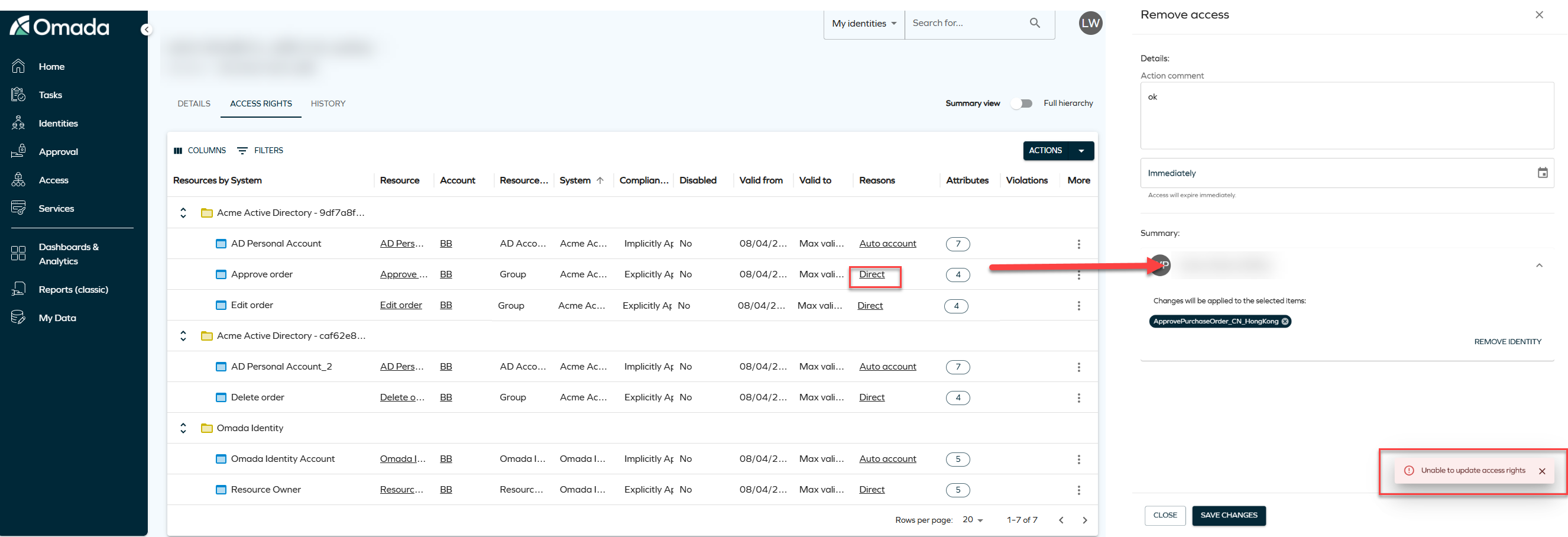 Error shown when removing access for a resource assignment with a Direct reason